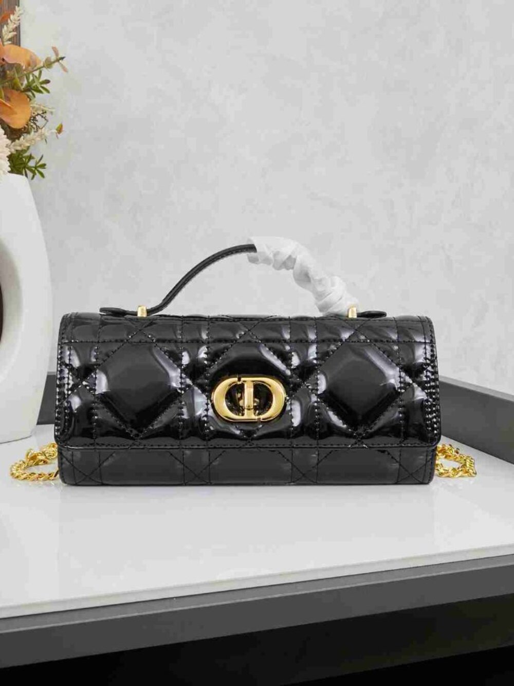Dior Caro East-West Patent Leather Clutch with Chain
